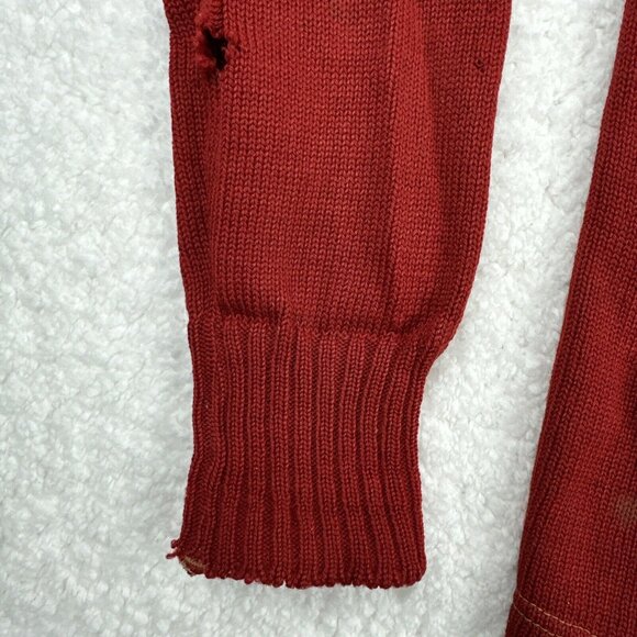 Vintage Wool Cardigan Sweater Distressed Brick Red Primitive 40s Varsity USA - Picture 8 of 16